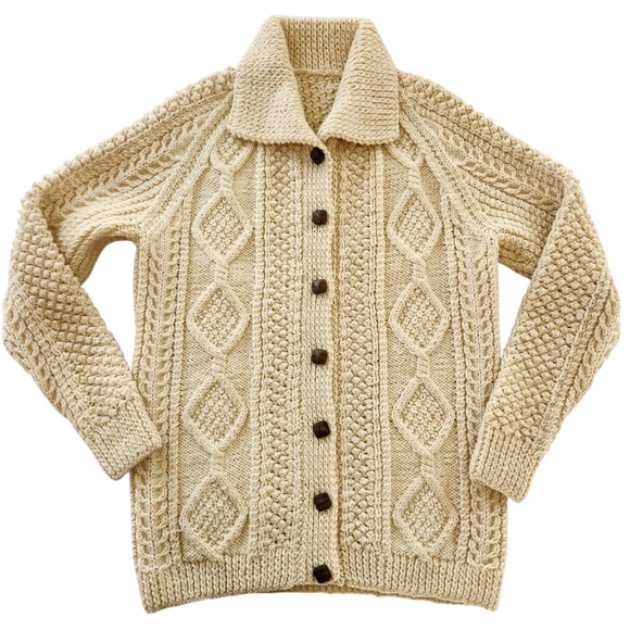 Sweaters - Cream Cable Knit Irish Fisherman Wool Cardigan Sweater Button Up Women Small XS